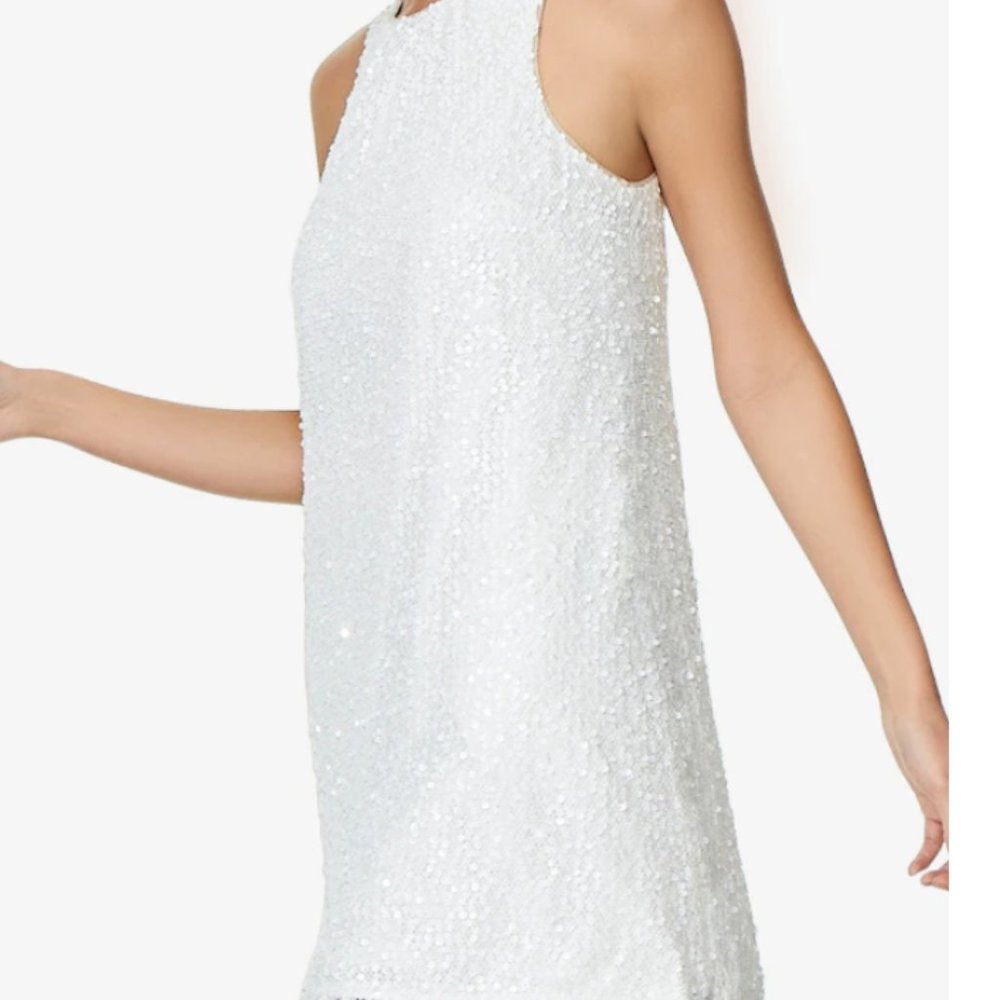 Halter Sequin Trapeze Dress With Feather Trim In Ivory
